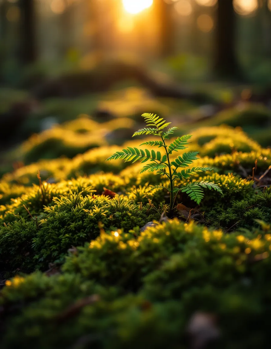 A fern unfurling over moss in golden-hour light